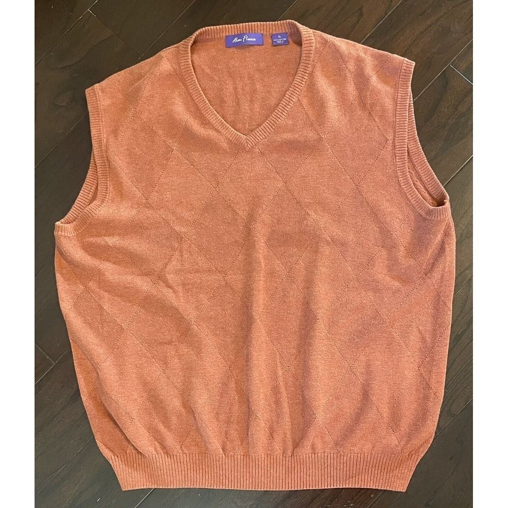 Alan Flusser Sweater Vest Men XL Orange Diamond Argyle V-Neck Fall Retro Casual